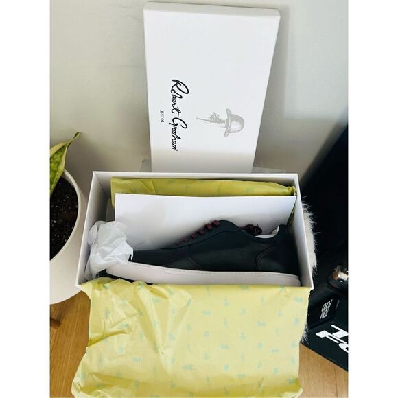 ROBERT GRAHAM Barrelman Leather Sneaker, Designer Black/Red Laces Size 11.5, NWT - Picture 2 of 16